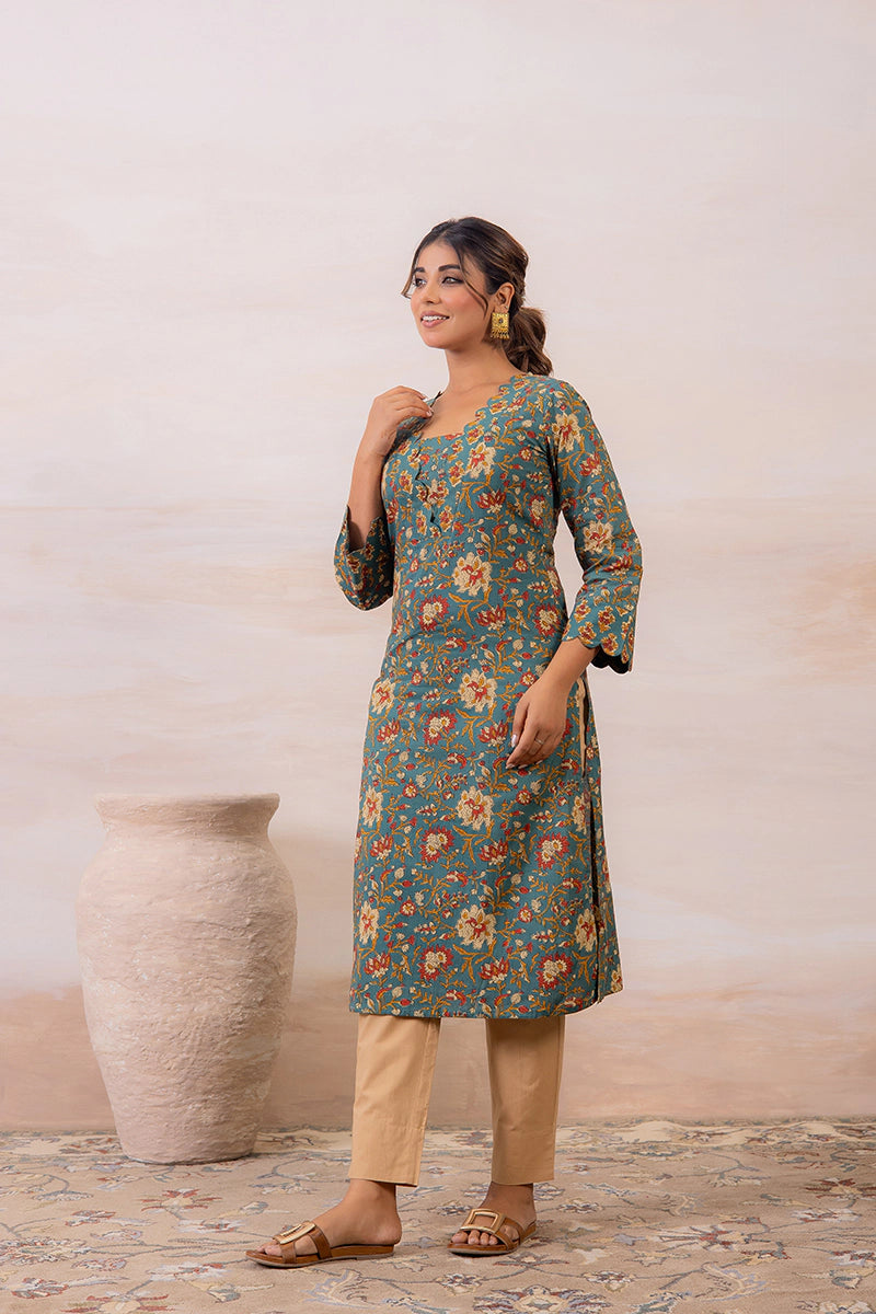 Green Floral Printed Cotton Straight Kurta