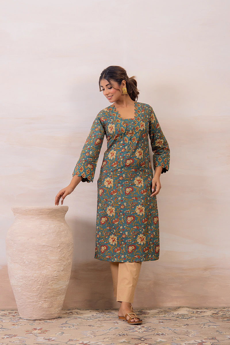 Green Floral Printed Cotton Straight Kurta