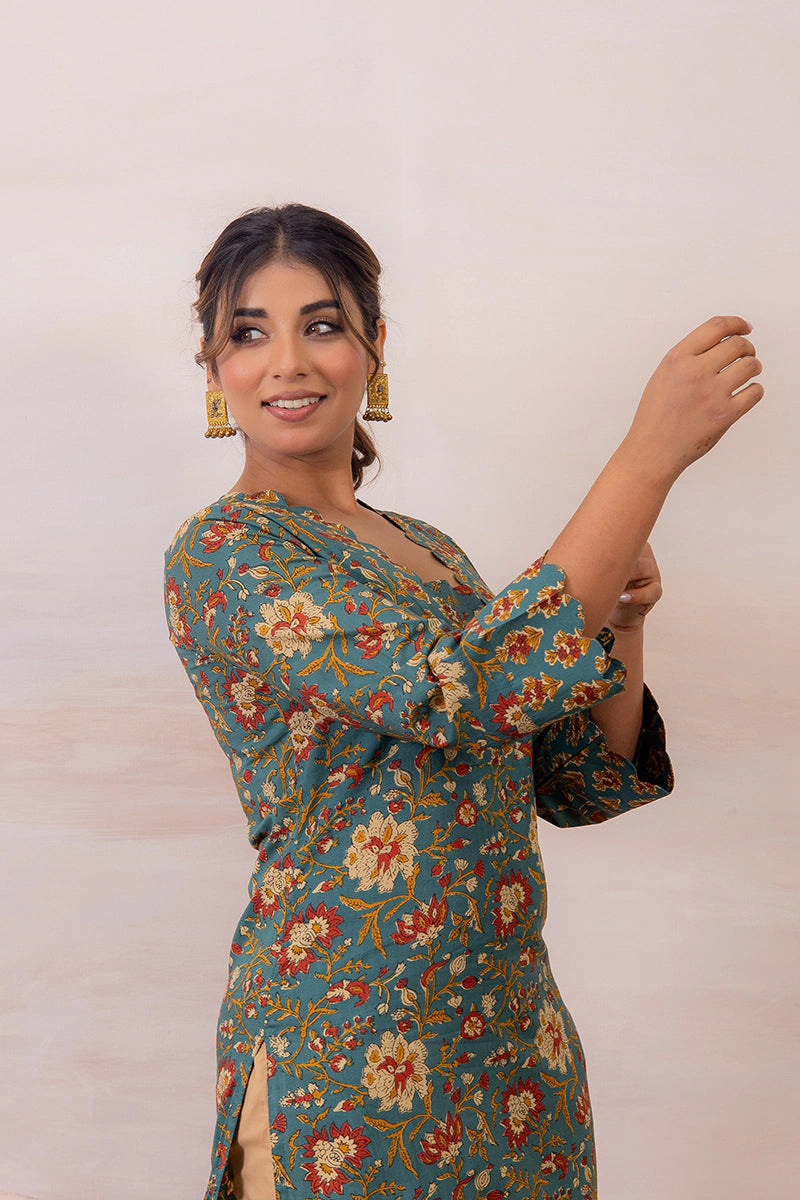 Green Floral Printed Cotton Straight Kurta