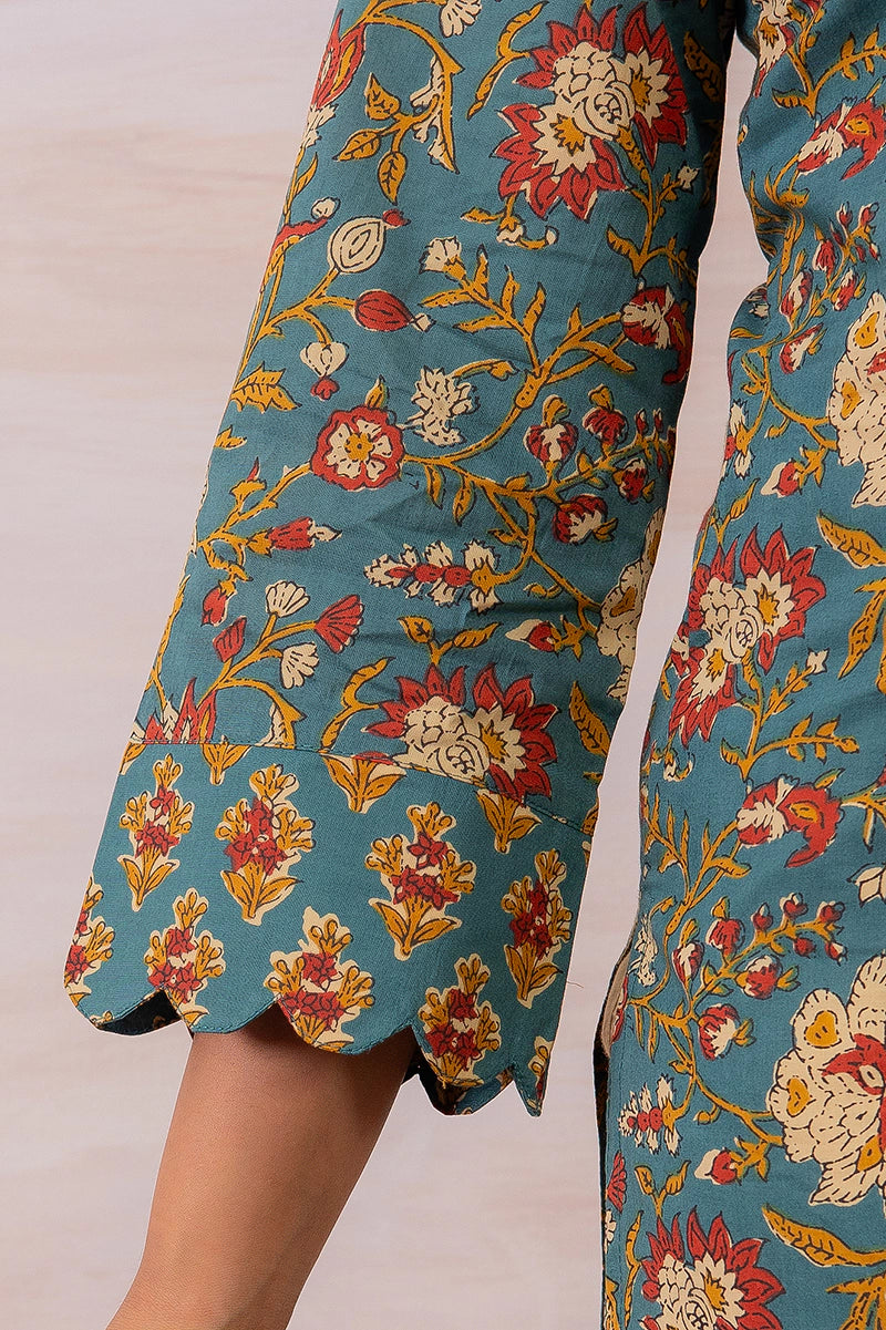 Green Floral Printed Cotton Straight Kurta