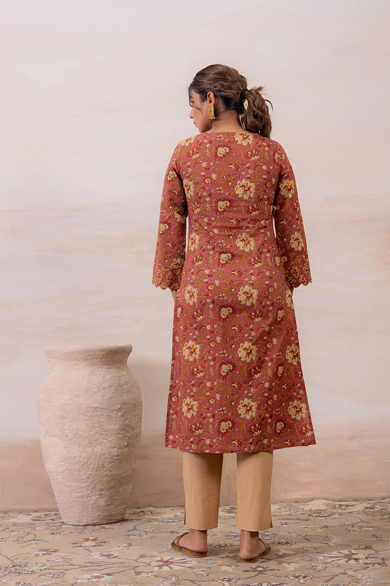 Dusty Mauve Floral Printed Cotton Straight Kurta