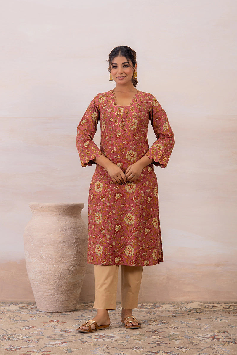 Dusty Mauve Floral Printed Cotton Straight Kurta