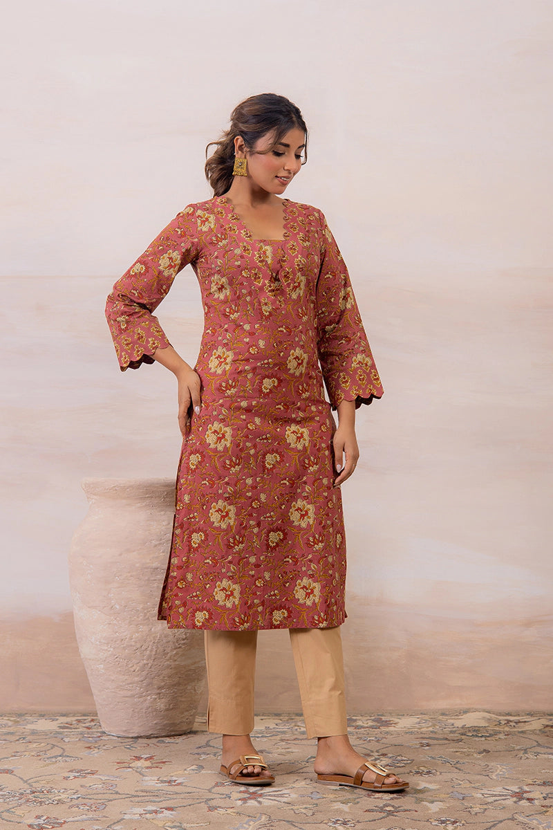 Dusty Mauve Floral Printed Cotton Straight Kurta