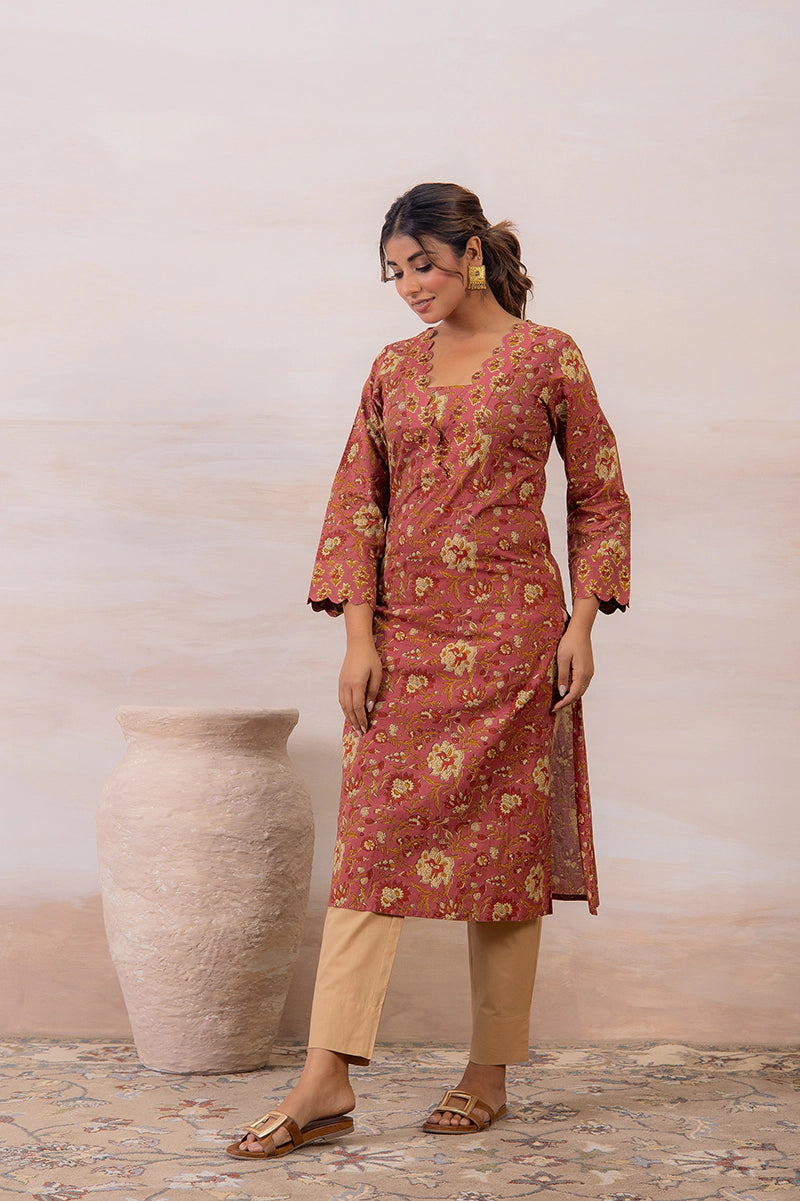 Dusty Mauve Floral Printed Cotton Straight Kurta