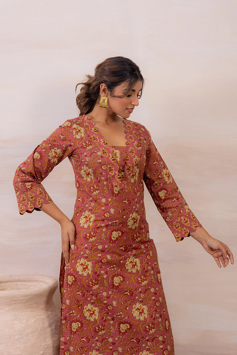 Dusty Mauve Floral Printed Cotton Straight Kurta