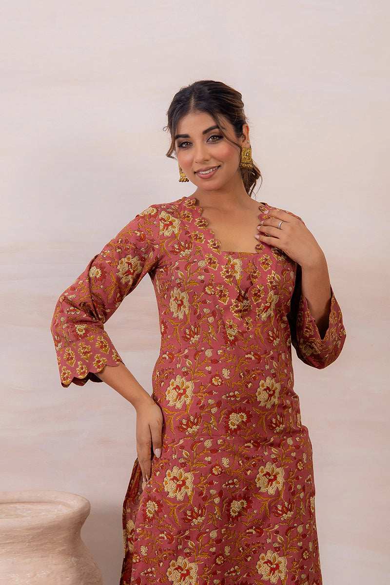 Dusty Mauve Floral Printed Cotton Straight Kurta