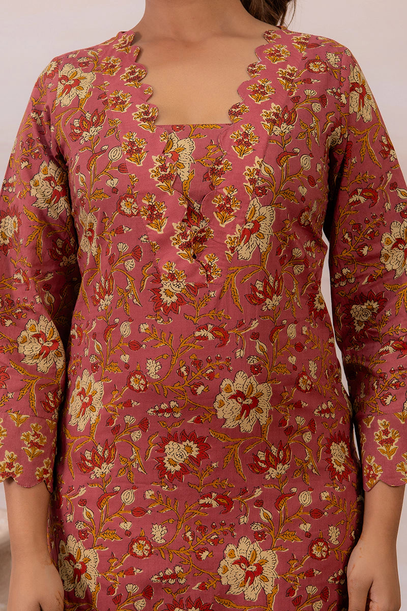 Dusty Mauve Floral Printed Cotton Straight Kurta