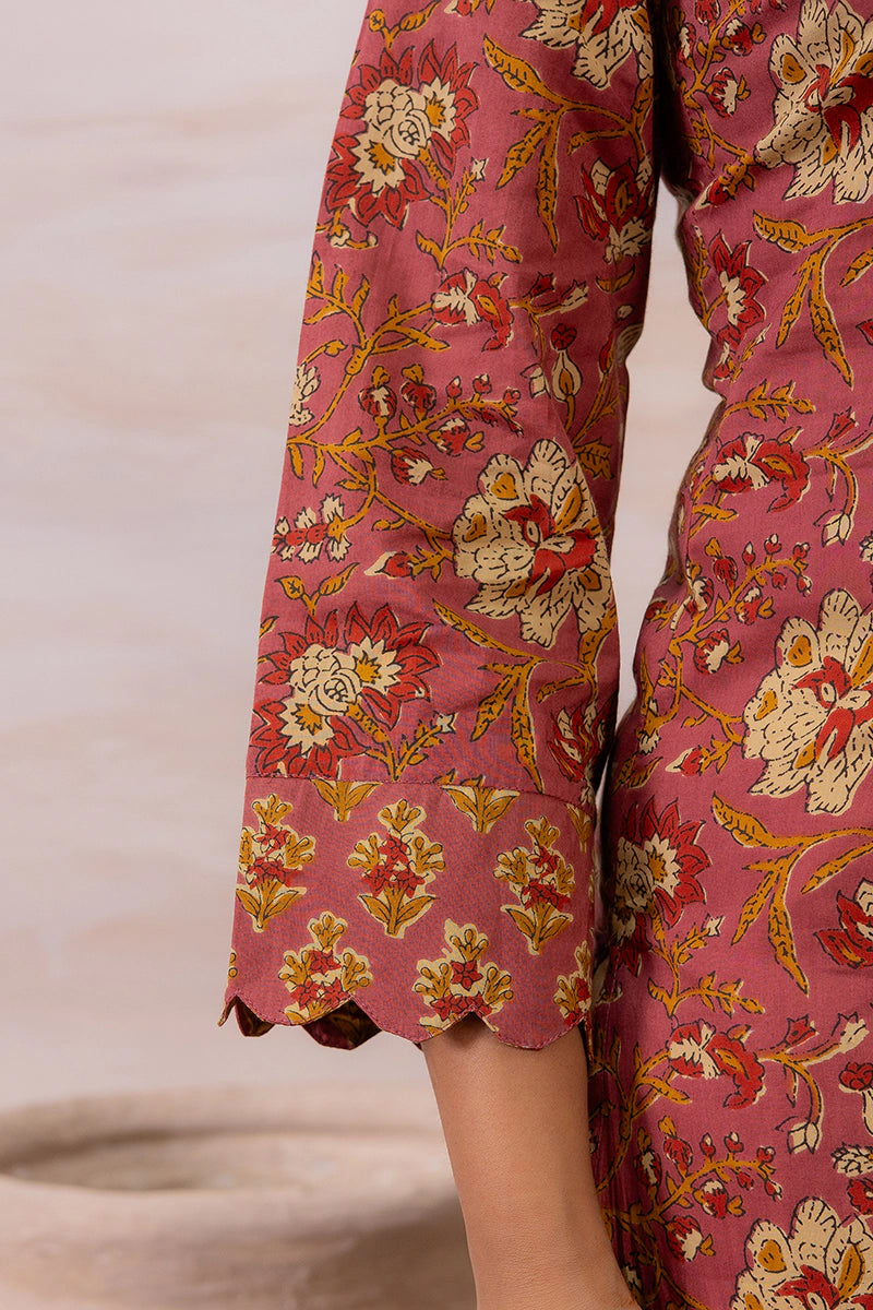 Dusty Mauve Floral Printed Cotton Straight Kurta