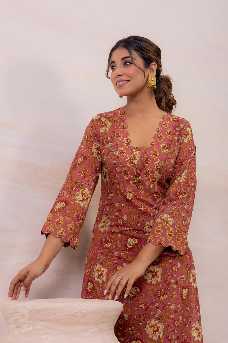 Dusty Mauve Floral Printed Cotton Straight Kurta