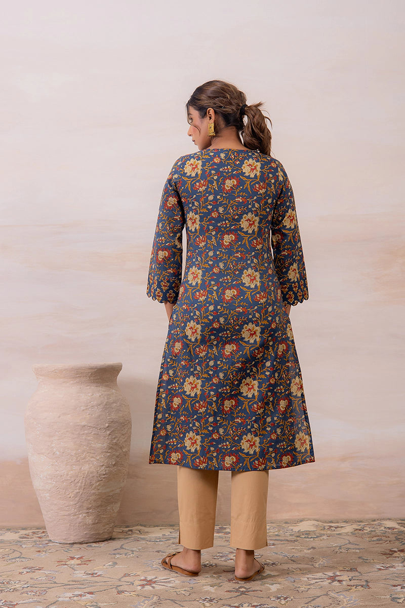 Navy Blue Floral Printed Cotton Straight Kurta