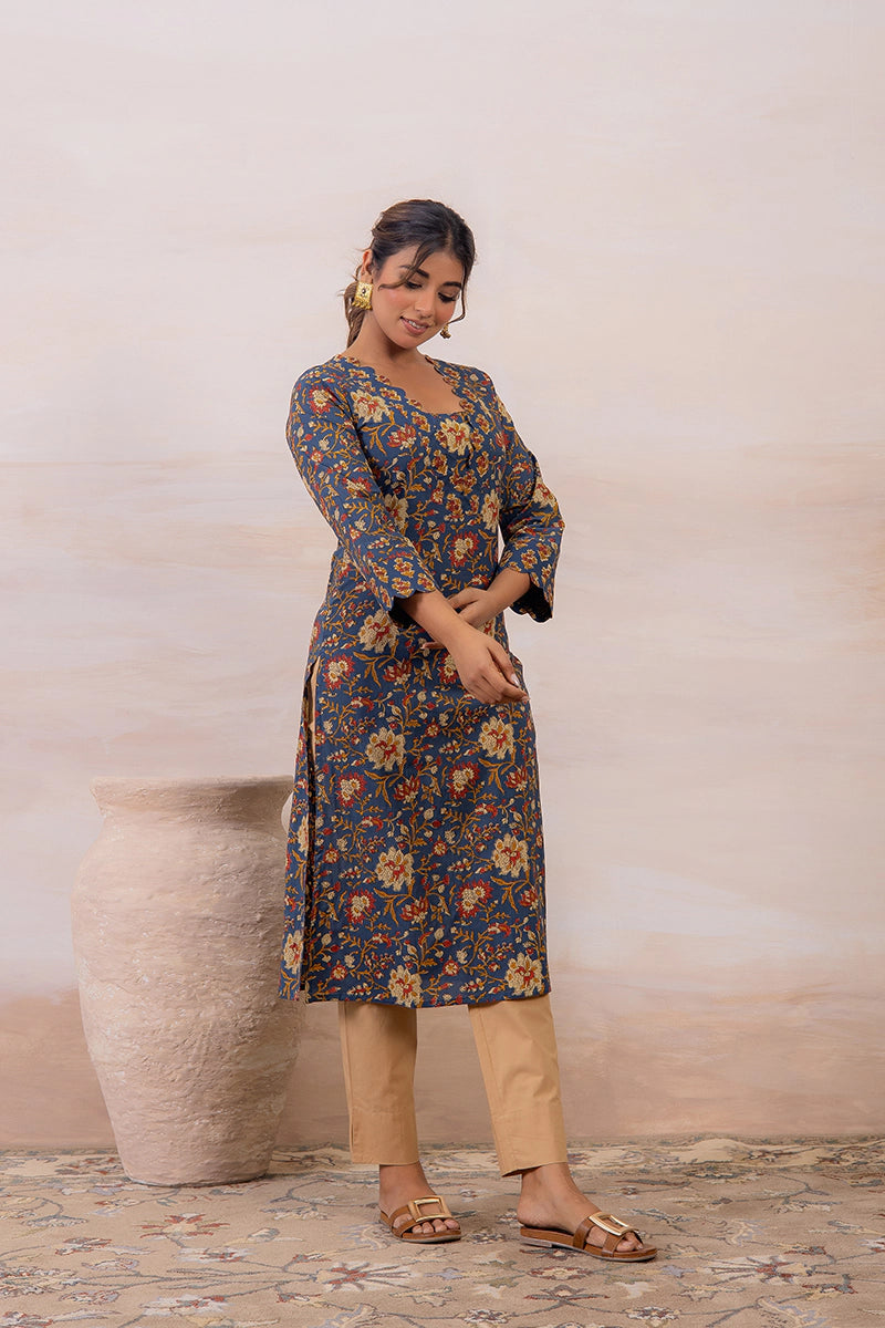 Navy Blue Floral Printed Cotton Straight Kurta