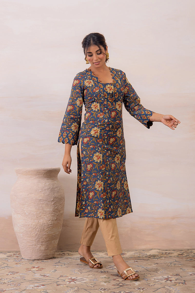 Navy Blue Floral Printed Cotton Straight Kurta