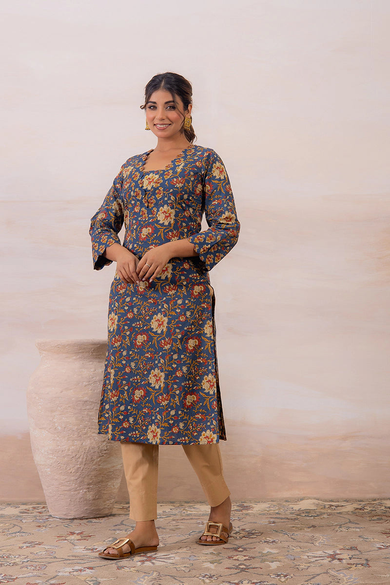 Navy Blue Floral Printed Cotton Straight Kurta