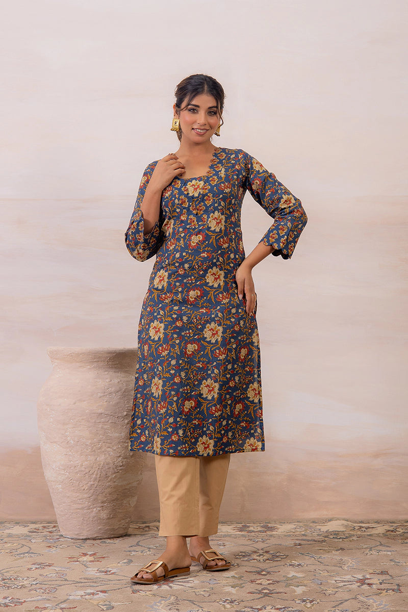 Navy Blue Floral Printed Cotton Straight Kurta