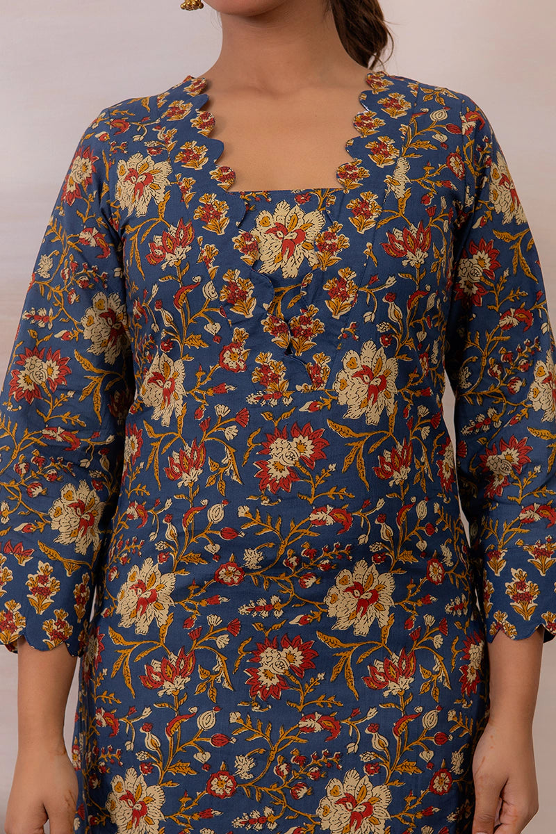 Navy Blue Floral Printed Cotton Straight Kurta