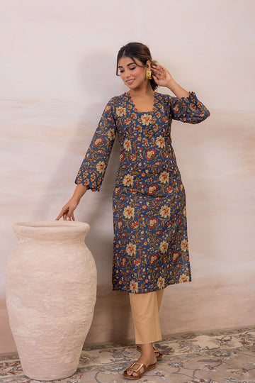 Navy Blue Floral Printed Cotton Straight Kurta