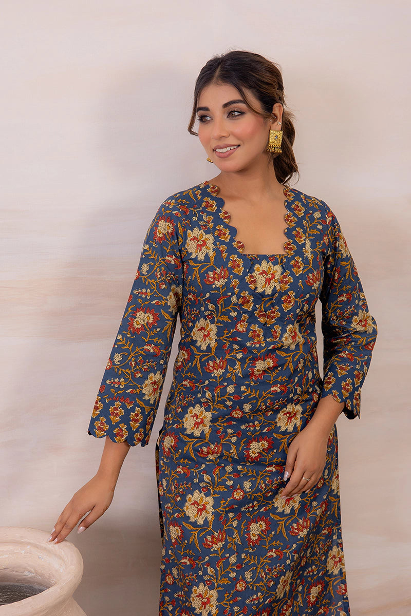 Navy Blue Floral Printed Cotton Straight Kurta
