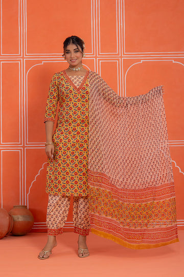 Mustard Floral Printed Hand Block Kurta Set with Chiffon Dupatta