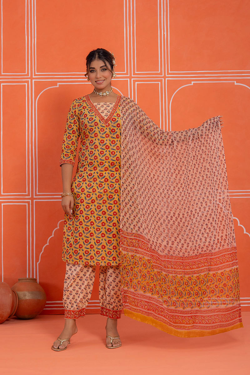 Mustard Floral Printed Hand Block Kurta Set with Chiffon Dupatta