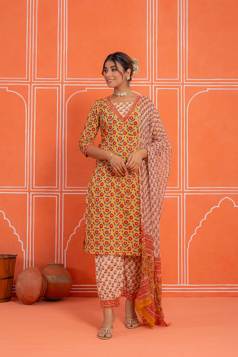 Mustard Floral Printed Hand Block Kurta Set with Chiffon Dupatta