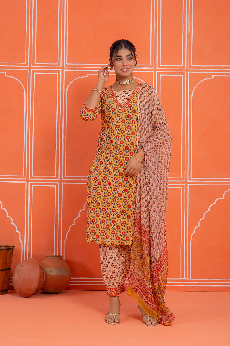 Mustard Floral Printed Hand Block Kurta Set with Chiffon Dupatta