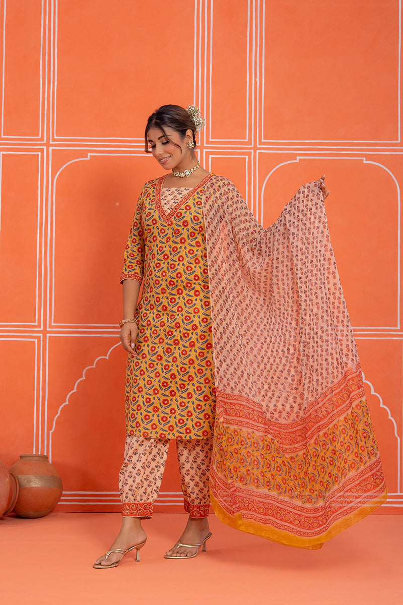 Mustard Floral Printed Hand Block Kurta Set with Chiffon Dupatta