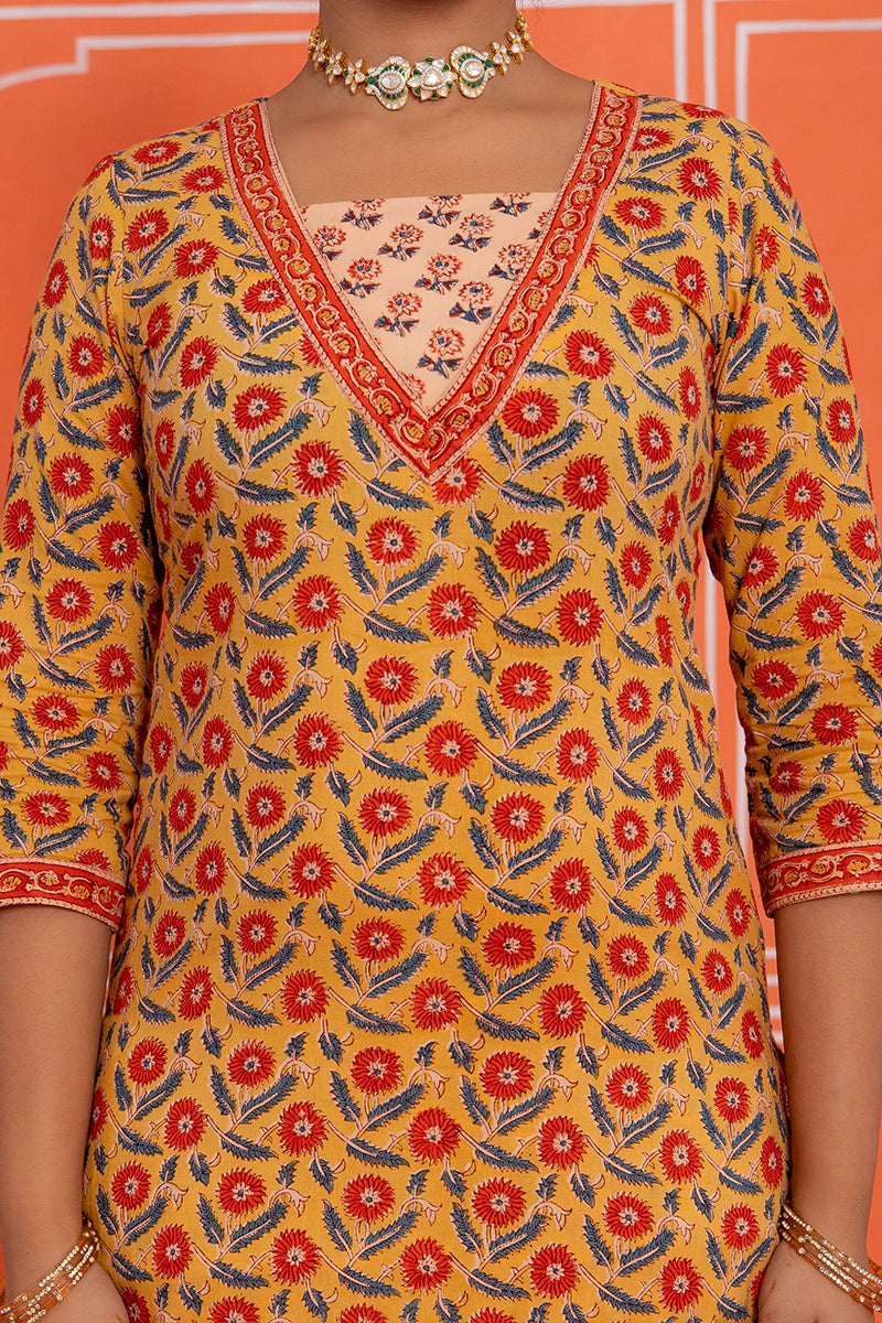 Mustard Floral Printed Hand Block Kurta Set with Chiffon Dupatta