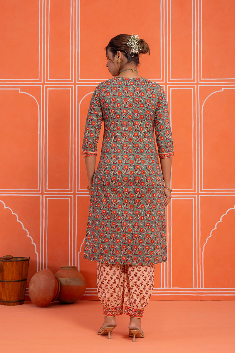 Sage Green Floral Printed Hand Block Kurta Set with Chiffon Dupatta