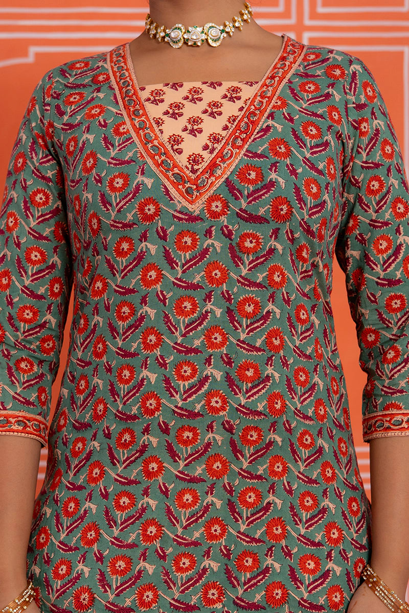 Sage Green Floral Printed Hand Block Kurta Set with Chiffon Dupatta