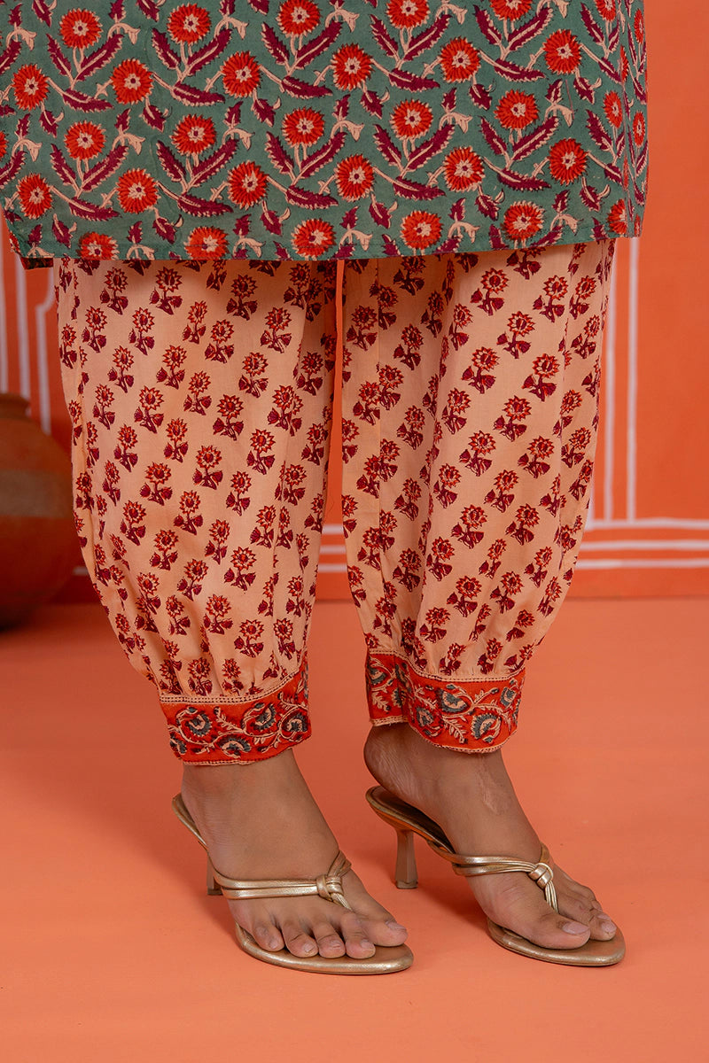 Sage Green Floral Printed Hand Block Kurta Set with Chiffon Dupatta