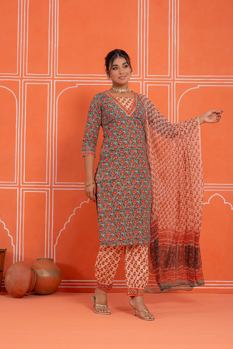 Sage Green Floral Printed Hand Block Kurta Set with Chiffon Dupatta