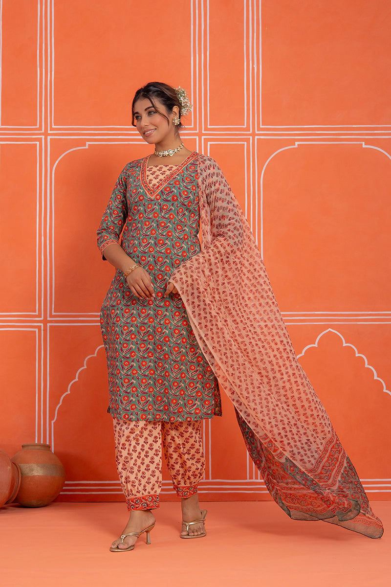 Sage Green Floral Printed Hand Block Kurta Set with Chiffon Dupatta