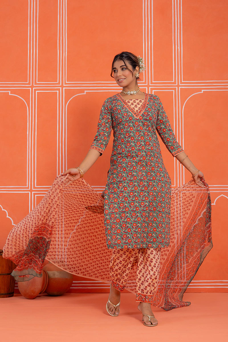 Sage Green Floral Printed Hand Block Kurta Set with Chiffon Dupatta