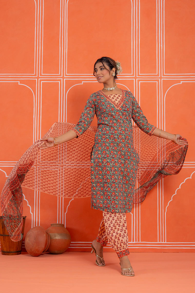 Sage Green Floral Printed Hand Block Kurta Set with Chiffon Dupatta