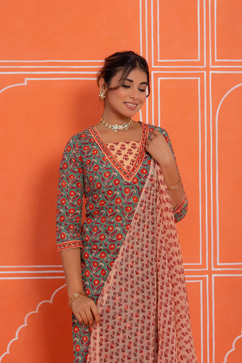 Sage Green Floral Printed Hand Block Kurta Set with Chiffon Dupatta