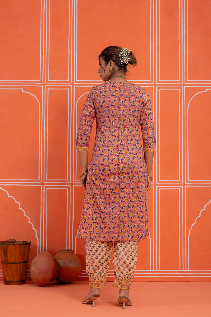 Coral Rust Floral Printed Hand Block Kurta Set with Chiffon Dupatta