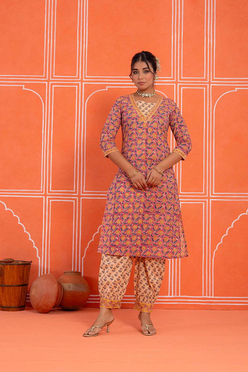 Coral Rust Floral Printed Hand Block Kurta Set with Chiffon Dupatta
