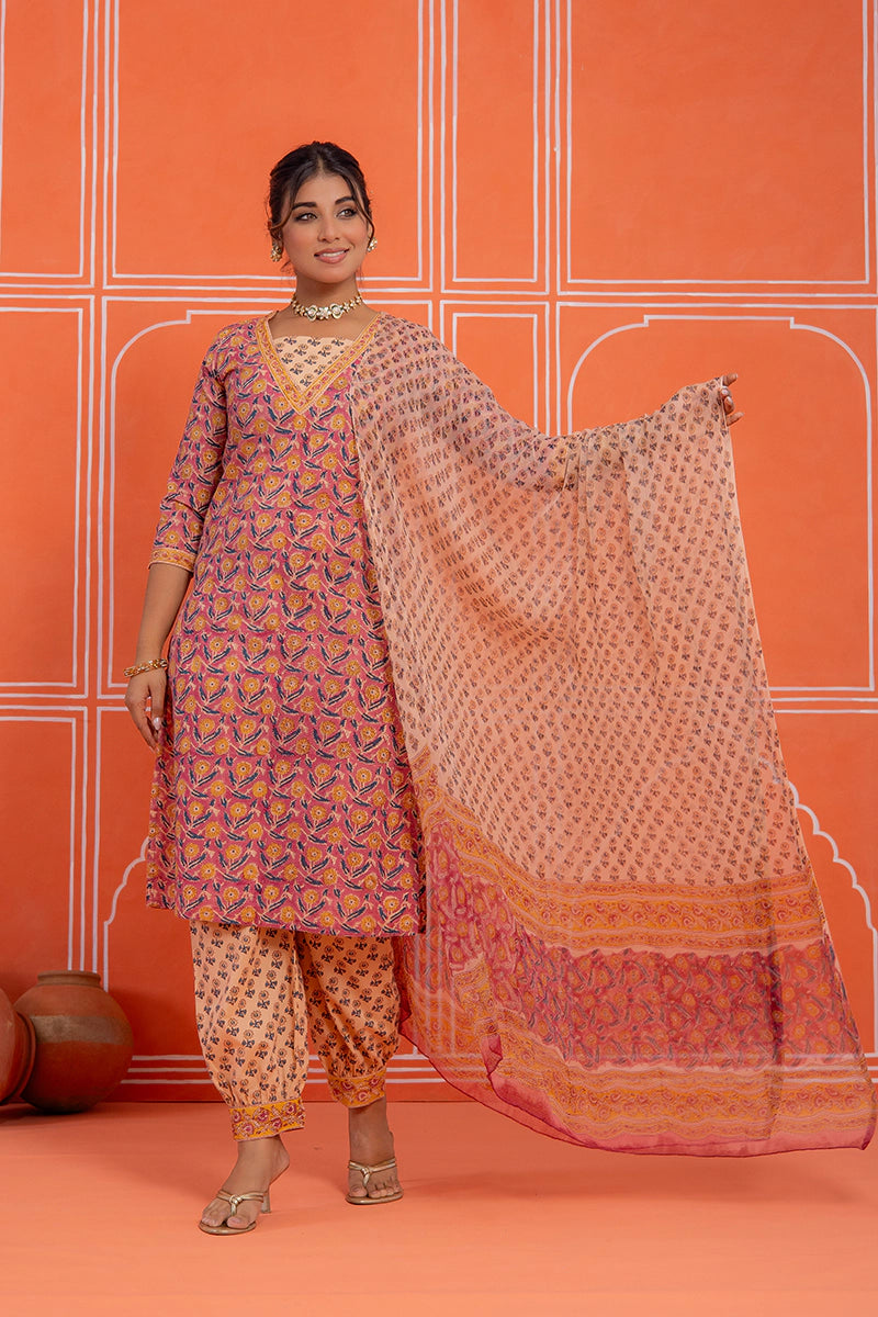 Coral Rust Floral Printed Hand Block Kurta Set with Chiffon Dupatta