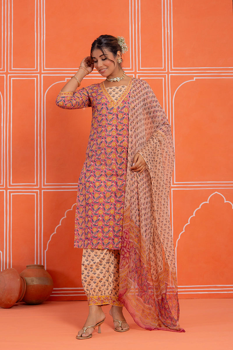 Coral Rust Floral Printed Hand Block Kurta Set with Chiffon Dupatta