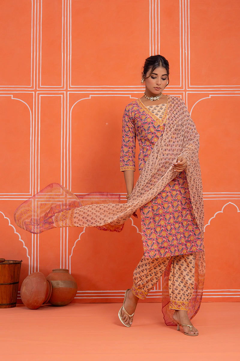 Coral Rust Floral Printed Hand Block Kurta Set with Chiffon Dupatta