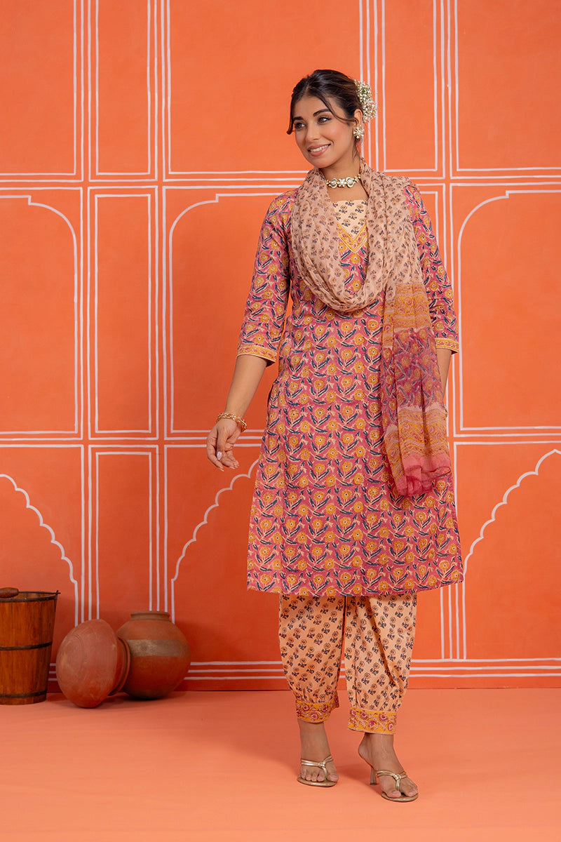 Coral Rust Floral Printed Hand Block Kurta Set with Chiffon Dupatta