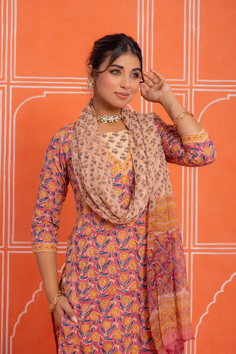 Coral Rust Floral Printed Hand Block Kurta Set with Chiffon Dupatta