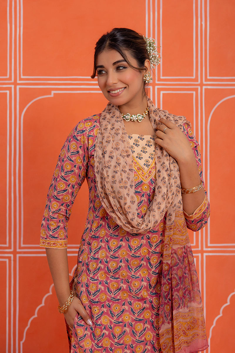 Coral Rust Floral Printed Hand Block Kurta Set with Chiffon Dupatta