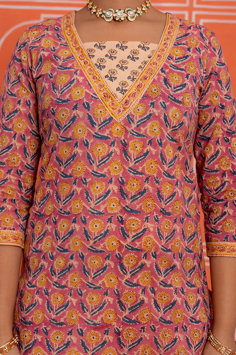 Coral Rust Floral Printed Hand Block Kurta Set with Chiffon Dupatta