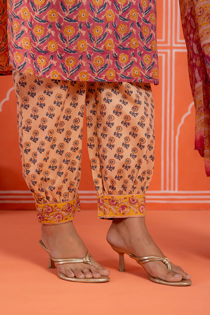 Coral Rust Floral Printed Hand Block Kurta Set with Chiffon Dupatta