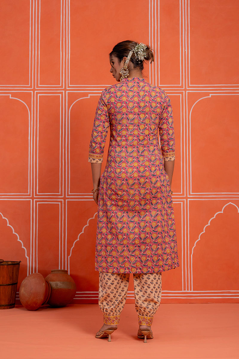 Coral Rust Hand Block Kurta Set with Chiffon Dupatta