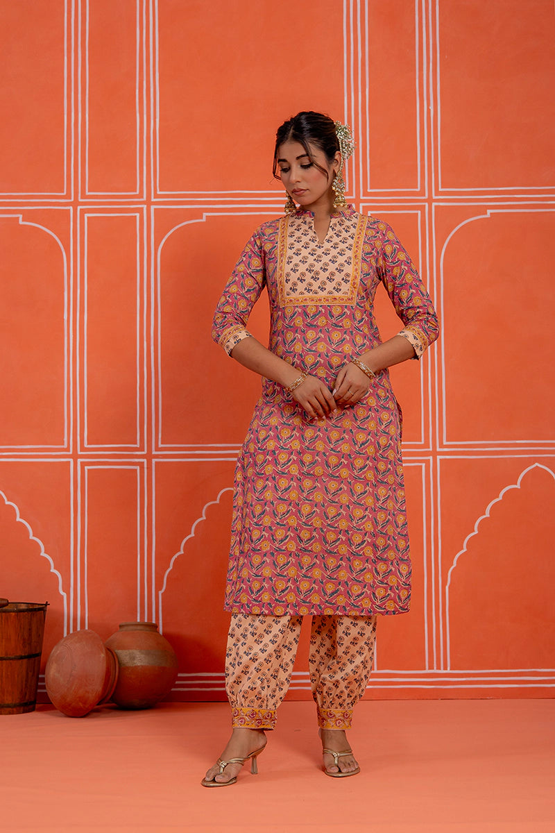 Coral Rust Hand Block Kurta Set with Chiffon Dupatta