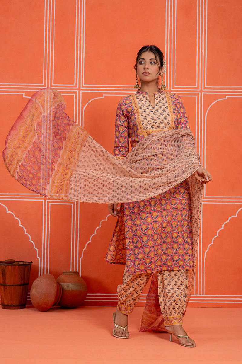 Coral Rust Hand Block Kurta Set with Chiffon Dupatta