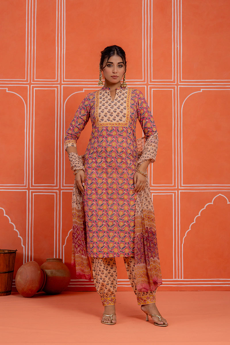 Coral Rust Hand Block Kurta Set with Chiffon Dupatta