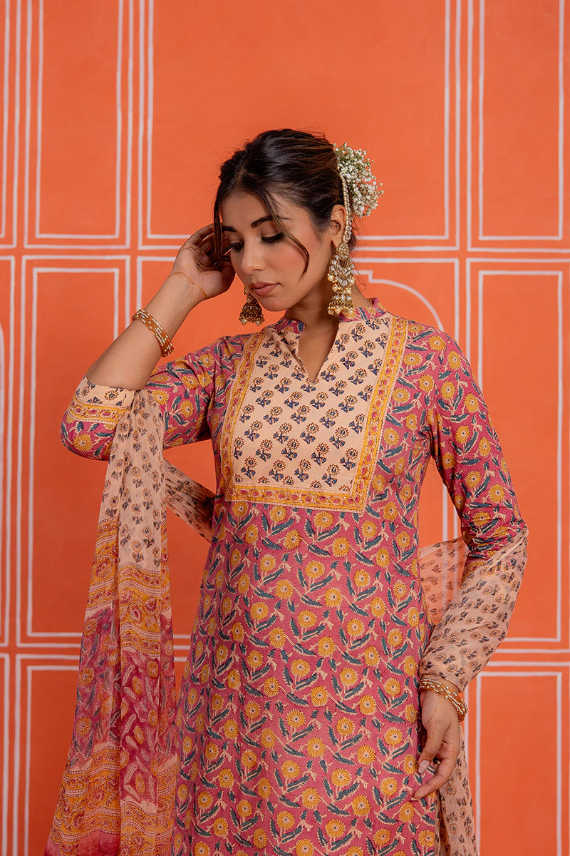 Coral Rust Hand Block Kurta Set with Chiffon Dupatta